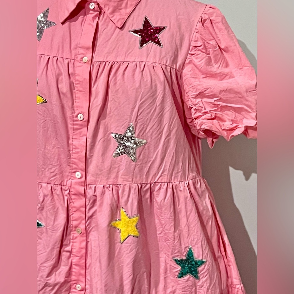 Peach Love California Pink Baby Doll Dress Sequin patches & sequin hem sz L - Picture 3 of 14